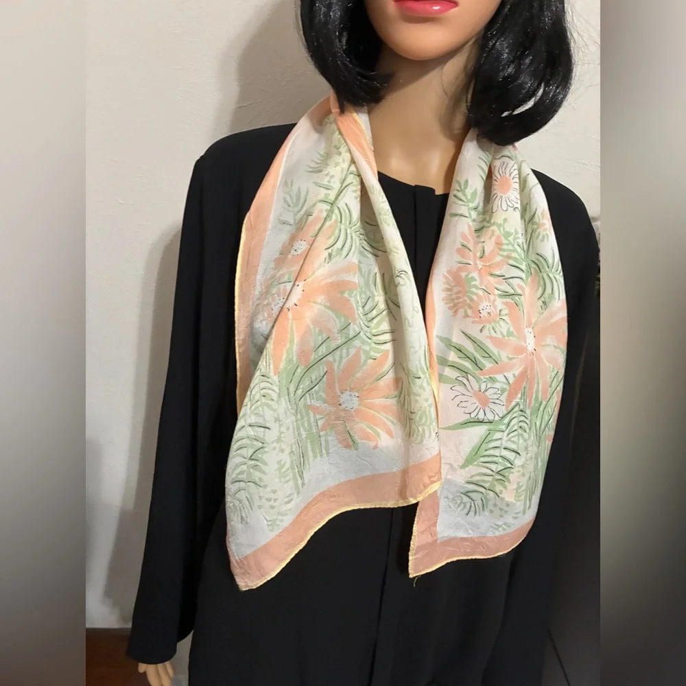 Vintage Vera Neumann Floral Scarf Peach Green 100% Acetate Made in Japan 13x40
